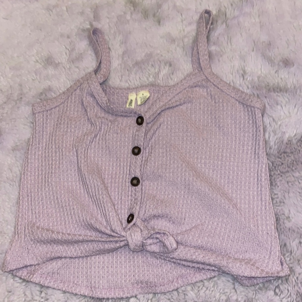 purple waffle front tie button tank top